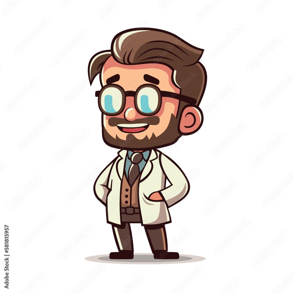 Happy Cute Doctor Scientist in Glasses. Cartoon Style on White Background.