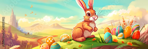 cute easter bunny with colorful easter eggs in a beautiful easter scene in widescreen format in comic look for header or banner on social media, generative ai © ReiterPhotography