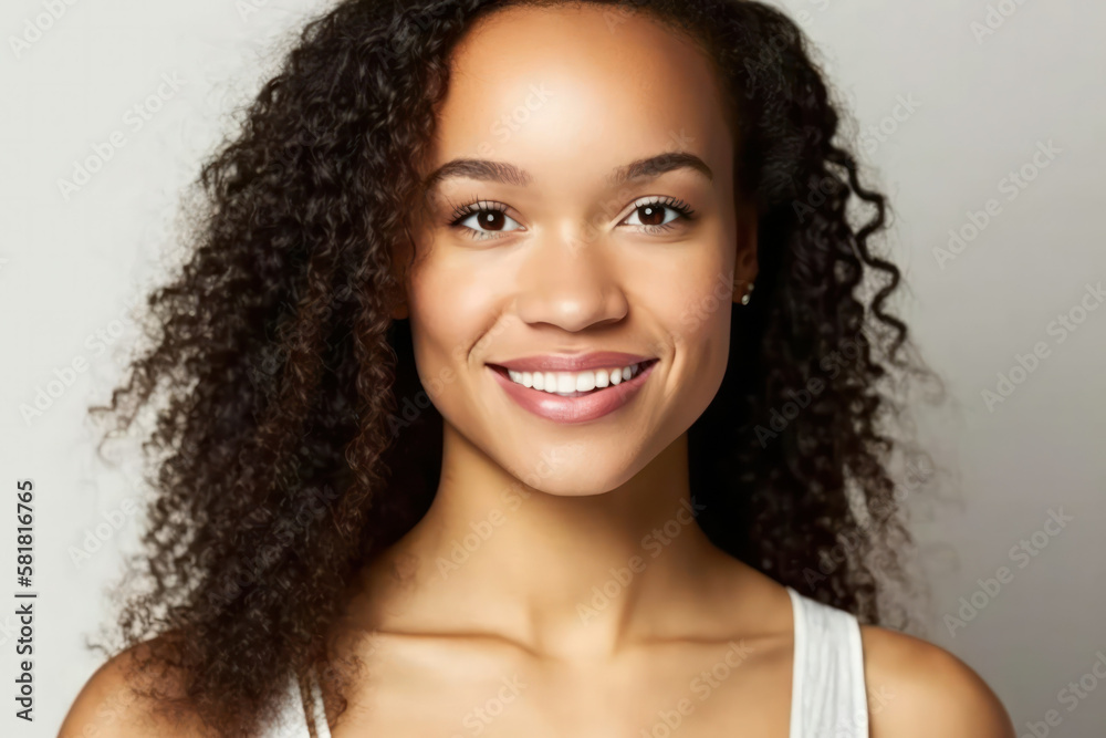 Beautiful portrait of an ethnic model with healthy skin on a light background. Lifestyle and cosmetics. Smiling beautiful girl. curly hair.generative AI Beautiful portrait of an ethnic model with healthy skin on a light background. Lifestyle and cosmetics. Smiling beautiful girl. curly hair.generative AI