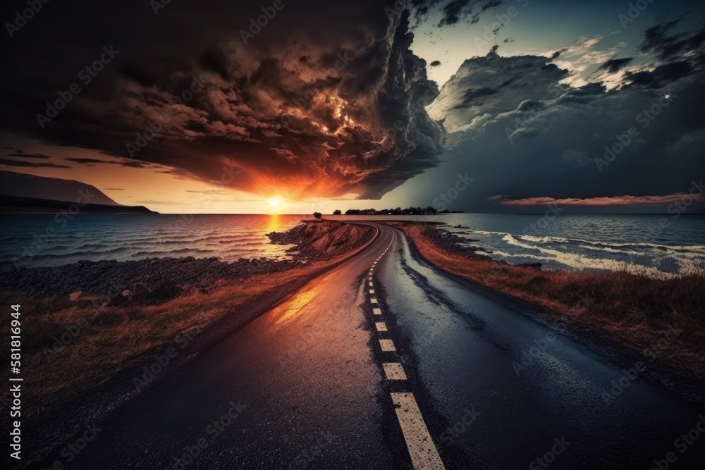 Sunset over the coastline with an asphalt road and dramatic sky. Generative AI Sunset over the coastline with an asphalt road and dramatic sky. Generative AI