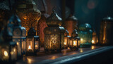 Ornamental Arabic lanterns with burning candles glowing at night. Muslim holy month ramadan kareem