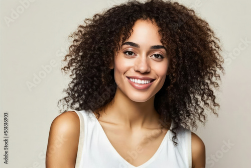 Beautiful portrait of an ethnic model with healthy skin on a light background. Lifestyle and cosmetics. Smiling beautiful girl. curly hair.generative AI