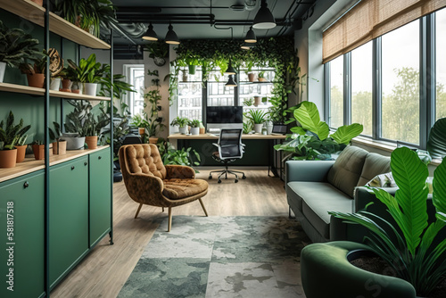 Green modern office workplace interior decoration. Generative Ai image. 