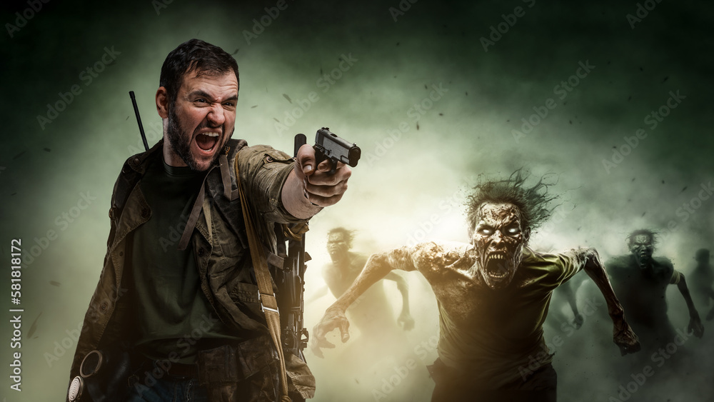 Φωτογραφία Portrait of terrified man with handgun and risen zombies against shine and green background