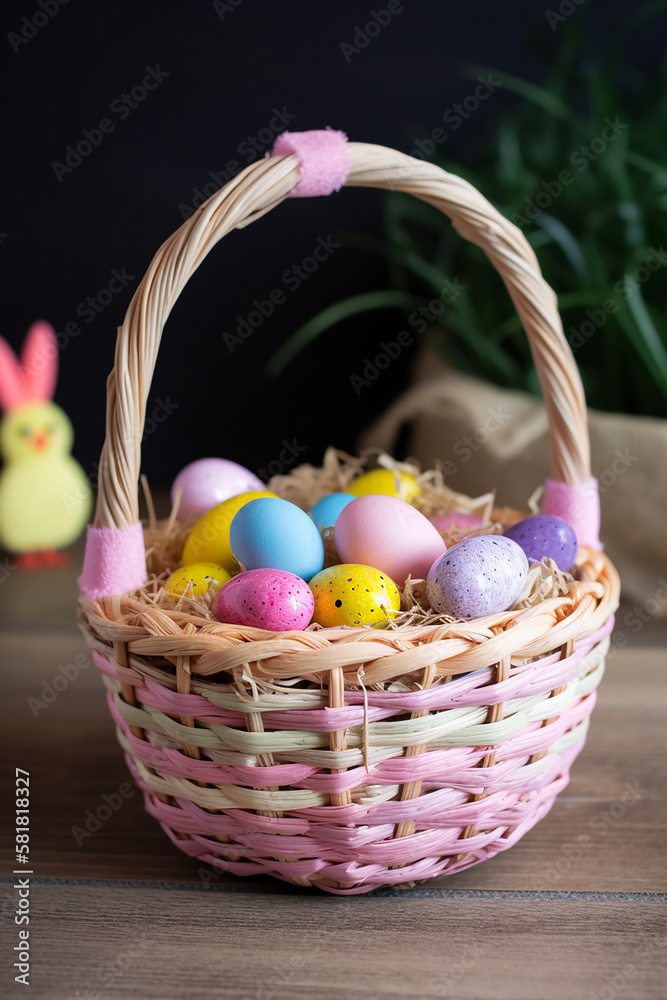 Easter eggs in a basket on a wooden table. Perfect image for cards, poster, blogs and wallpapers created with Generative AI
Easter eggs in a basket on a wooden table. Perfect image for cards, poster, blogs and wallpapers created with Generative AI