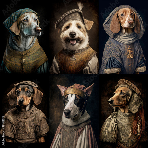 Dogs in medieval costumes set of illustrations, created with Generative AI technology.