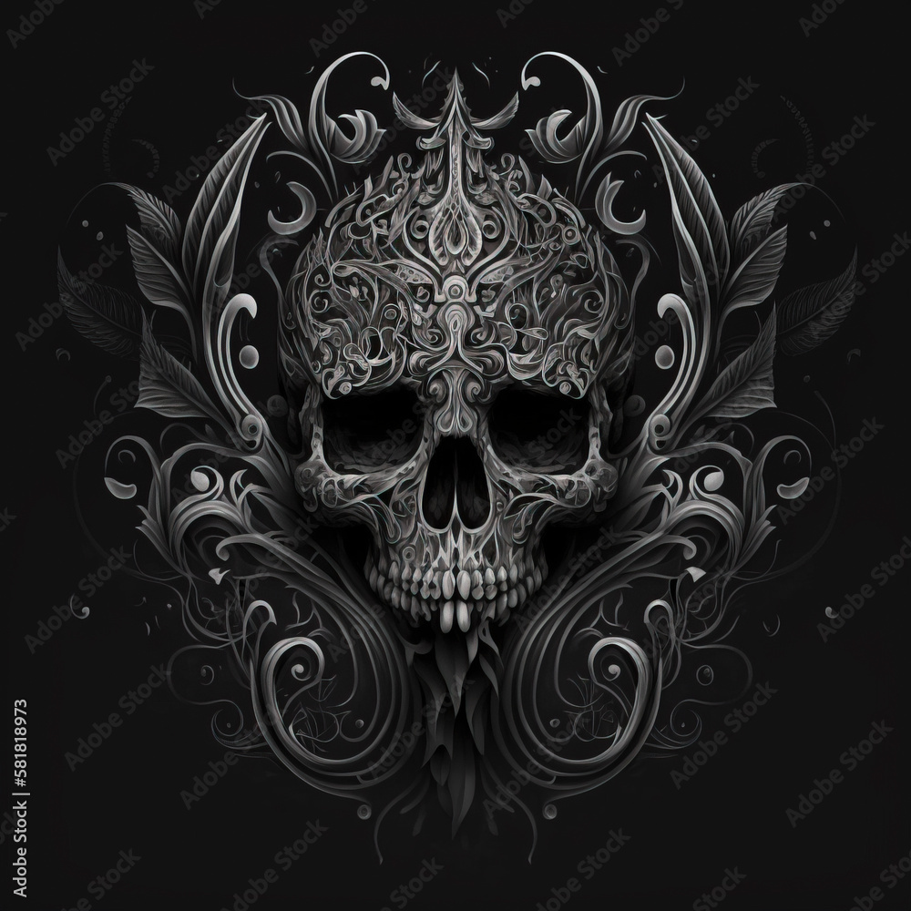 Filigree skull on a decorative rosette piece created with AI generative technology Filigree skull on a decorative rosette piece created with AI generative technology