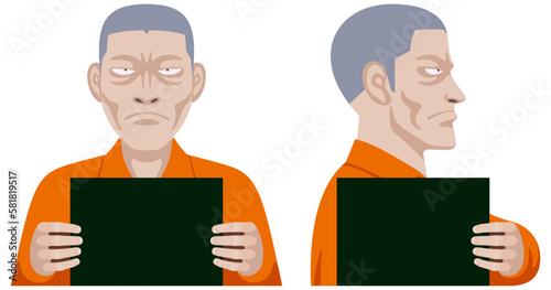 識別用のボードを持って正面と横顔を撮影される犯罪者