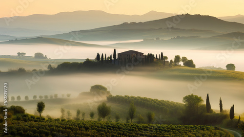 Picturesque misty landscape of Tuscany  Italy. Based on Generative AI