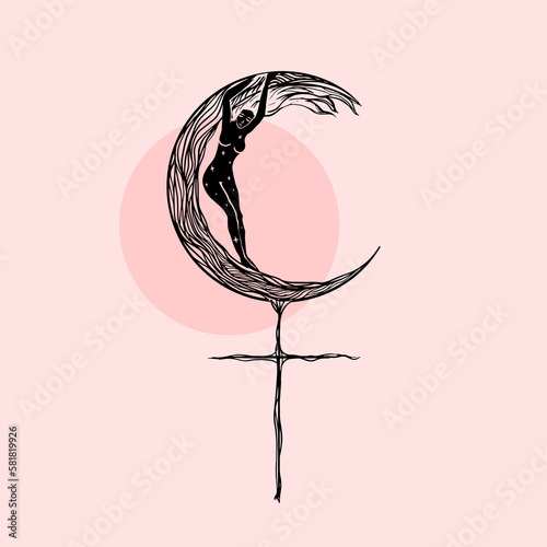 Lilith tattoo symbol art design. Black crescent moon with cross down vector