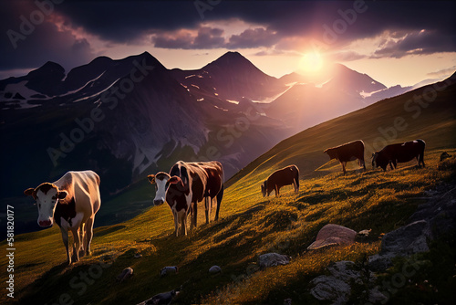 Pasture at sunset  a cow in a lush meadow. AI Generated