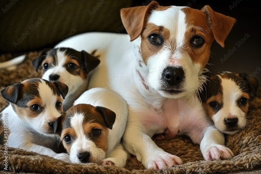  Jack Russell Terrier With 4 Puppies Lying On The Floor. Generative AI