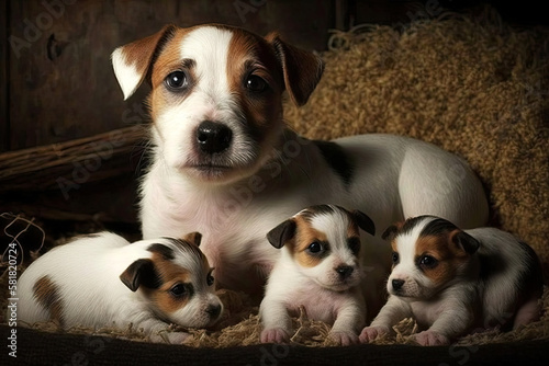  Jack Russell Terrier With 3 Puppies Lying On The Floor. Generative AI photo