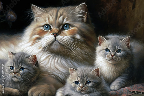  Scottish Lop-Eared Cat With Four Kittens Lying. Generative AI © Ян Заболотний