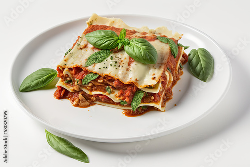  Vegan Lasagna On A White Background. Generative AI photo