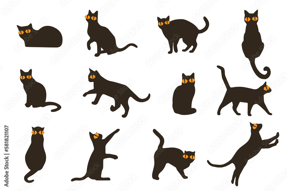Set vector silhouettes of the cat, different poses, standing, jumping and sitting, black color, isolated on white background. vintage cats icons. 