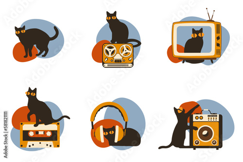 Set vector silhouettes of the cat with retro media icon, different poses on white background, Cute and funny vector.