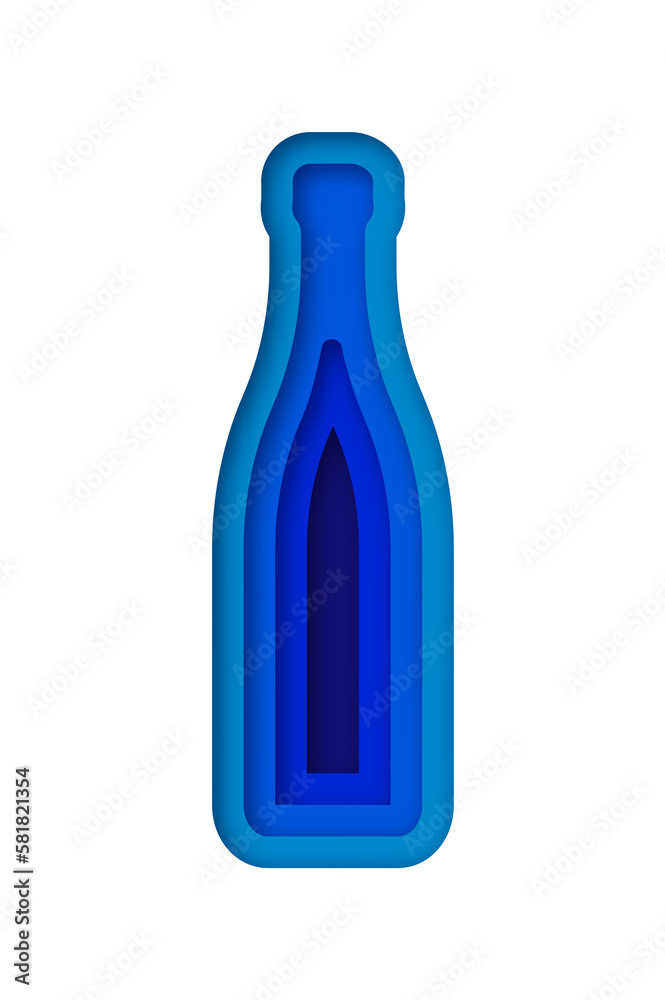 Bottle shape in 3D paper cut style. Blue papercut illustration of liquid container on isolated background. Recycle plastic concept, mineral water or alchohol beverage design.