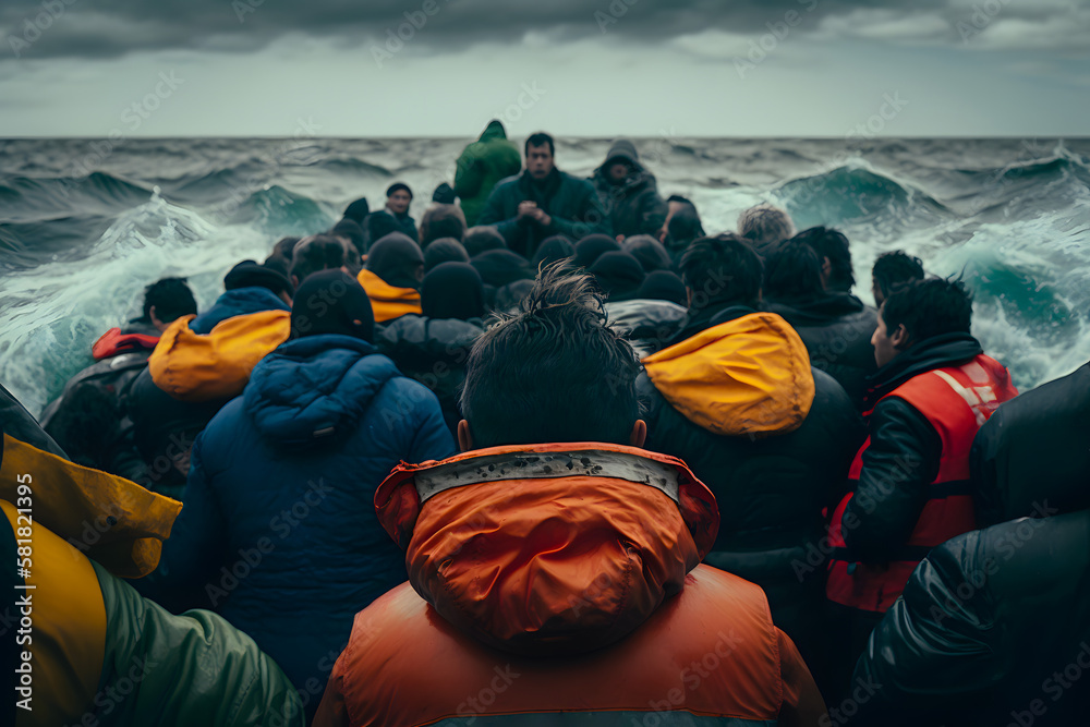 Crowd of people of illegal migrants crosses the state border across the sea in a crowded boat, a dangerous journey to another country. Generative AI - obrazy, fototapety, plakaty 