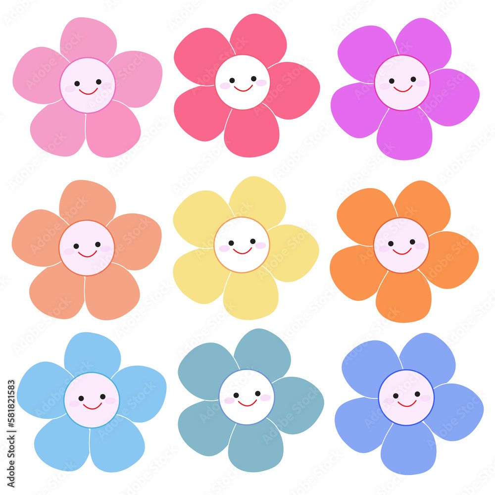 Cute colored flowers with a smiling face Cute colored flowers with a smiling face