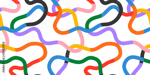 Fototapeta Naklejka Na Ścianę i Meble -  Fun colorful line doodle seamless pattern. Creative minimalist style art background for children or trendy design with basic shapes. Simple childish scribble backdrop.