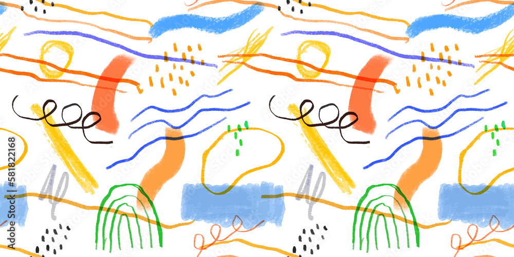 Fototapeta premium Colorful children pencil doodle seamless pattern illustration. Childish freehand scribble and hand drawn crayon shapes background.