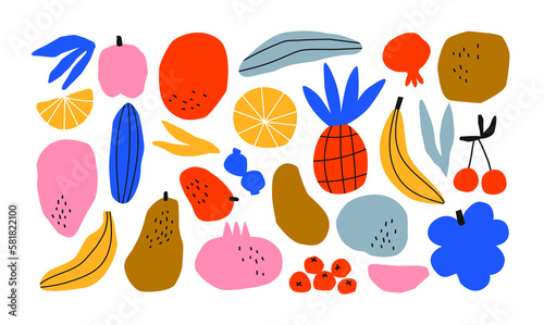 Funny hand drawn fruit food set. Colorful freehand fruits collection. Illustration of pineapple, banana, grape and more tropical summer foods on isolated background. 