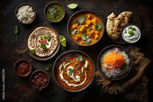 Various indian food bowls with curry, yogurt ,rice,bread , chicken,chutney, paneer cheese and spices on dark rustic background, top view, border. Generative AI