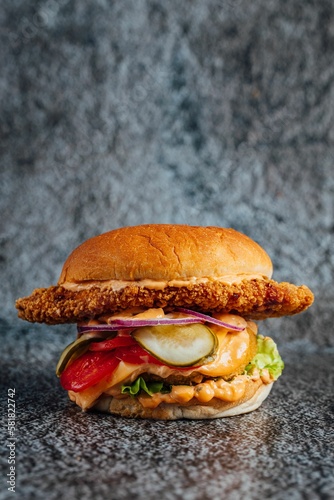 Vertical closeup shot of a large fried chicken cheeseburger with vegetables on a gray surface