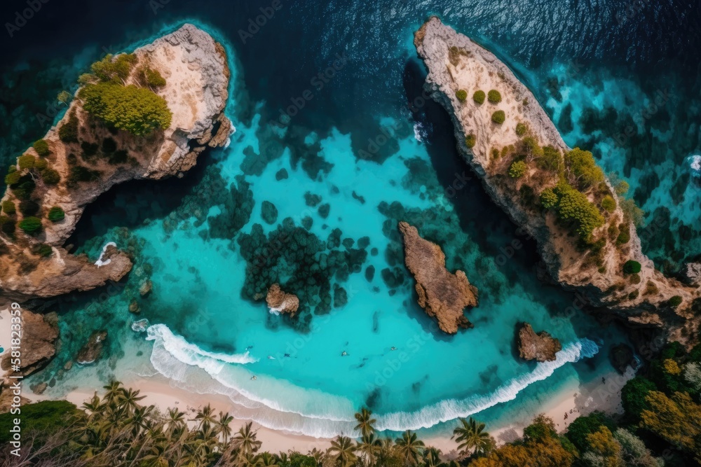 From above, the coast serves as the background. a background of turquoise water seen from above. aerial view of the sea in summer. Indonesian island of Nusa Penida. image of travel. Generative AI