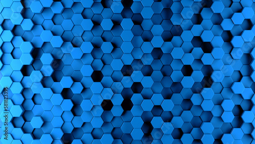 Abstract blue hexagonal sci-fi honeycomb geometrical background. 3d rendering