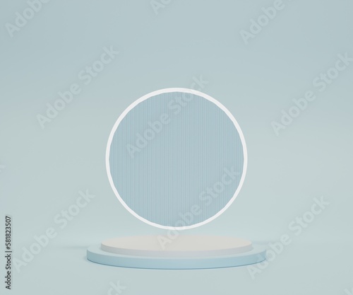 Realistic white and blue 3D cylinder pedestal podium with illuminate ring neon and stripes pattern in window. Minimal scene for product display presentation.3d render.
