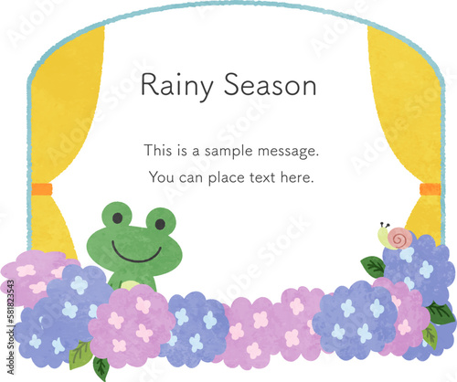 梅雨・紫陽花　窓から覗く可愛いカエルのイラストフレーム素材