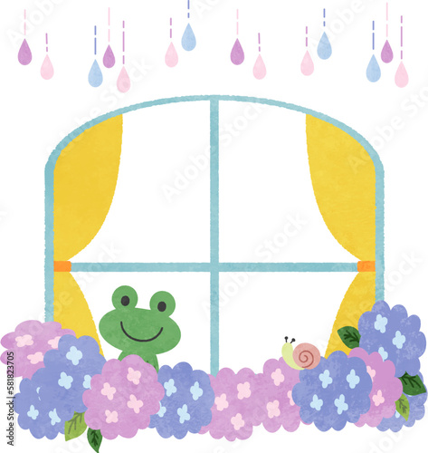 梅雨・紫陽花　窓から覗く可愛いカエルのイラスト素材