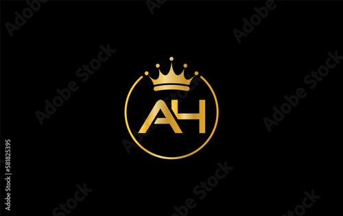 Golden crown logo art and crown symbol design by letter AH
