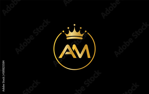 Golden crown logo art and crown symbol design by letter AM