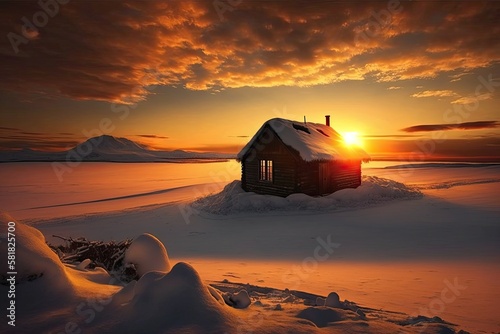 Orange Sunset Sky Reflects on Glistening Snowy Hut - A Dreamy Winter Landscape. Generative AI