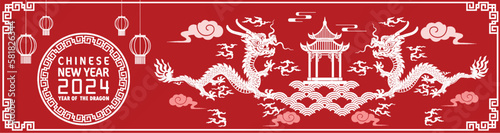 Canvas Print Happy chinese new year 2024 year of the chinese dragon zodiac with on color Background