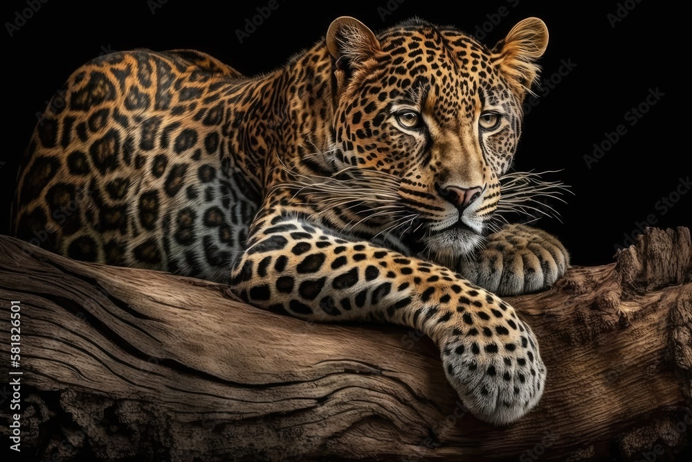 Obraz premium Ceylon leopard curled up on a log and gazing forward. Generative AI