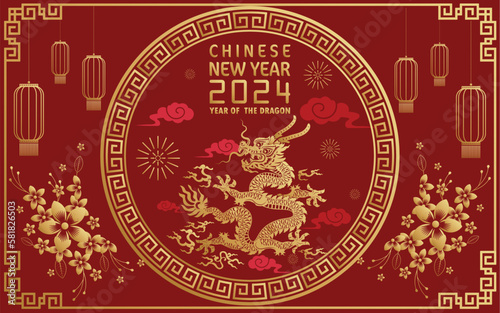 Happy chinese new year 2024 year of the chinese dragon zodiac with on color Background.   Translation   happy new year  chinese dragon  