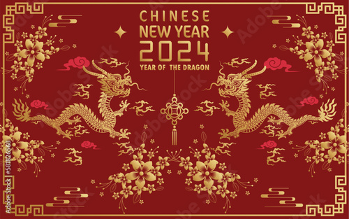 Happy chinese new year 2024 year of the chinese dragon zodiac with on color Background. ( Translation : happy new year, chinese dragon )