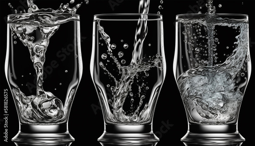 Pouring clean water into glass with black isolated background