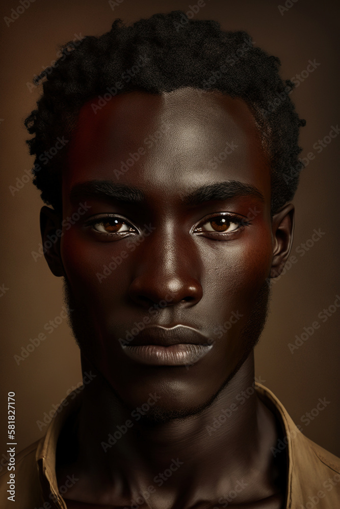 Generative AI image of confident African American male looking at camera against brown background