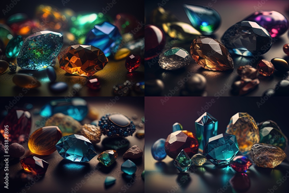 Jewel on black shine color, Collection of many different natural gemstones amethyst, lapis lazuli, rose quartz, citrine, ruby, amazonite, moonstone, labradorite, chalcedony, blue topaz Ai Generative Jewel on black shine color, Collection of many different natural gemstones amethyst, lapis lazuli, rose quartz, citrine, ruby, amazonite, moonstone, labradorite, chalcedony, blue topaz Ai Generative
