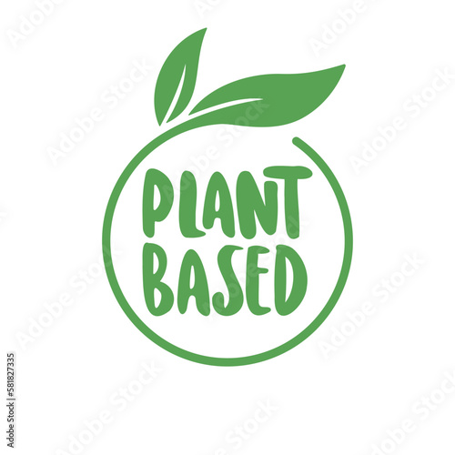 Plant based label. Text inside a circle with leaves around. Vegan friendly badge.