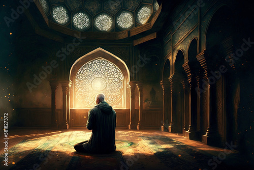Religious Muslim men are praying in the mosque, generative ai
