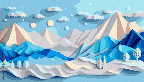 paper landscape Cute paper cut-out sky landscape background with copy space. paper landscape clouds made in realistic paper craft or origami style for children's room, nursery, children's design.