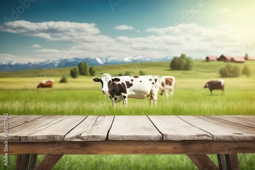 Wood table in the foreground and cows ,barn farm in background