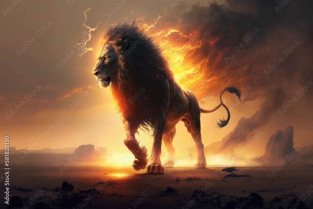 A lion walking in the sunset. Generative AI.