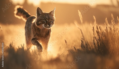 Katze läuft im Sonnenuntergang auf einem Feld, Mäuse jagen, Golden Hour, generative AI © Sönke Hayen
